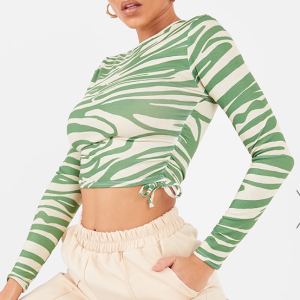 NEW Zebra Print Long Sleeve Tie Ruched Crop Top